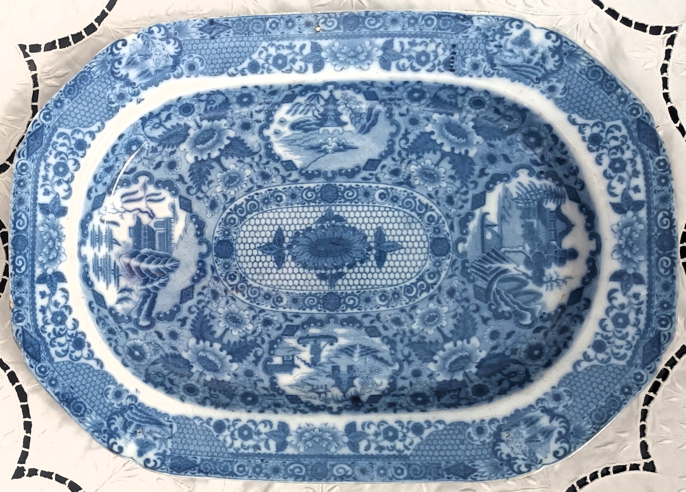 Antique English Georgian Blue and White Transfer Serving Dish / Platter ~ “Net” ~ Herculaneum Antique Ceramics 3